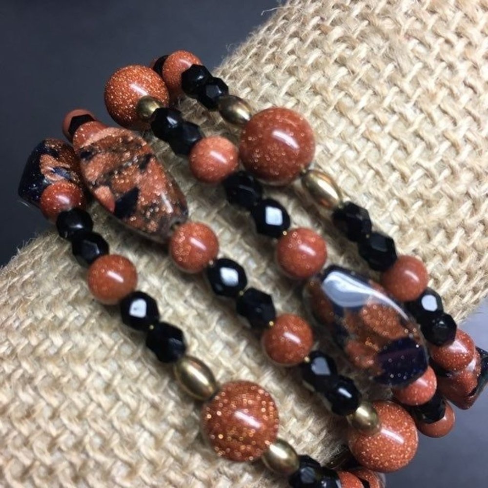 Memory Wire Wraparound Bracelet Faceted Black Sparkly Red Brown Gold BoHo Retro